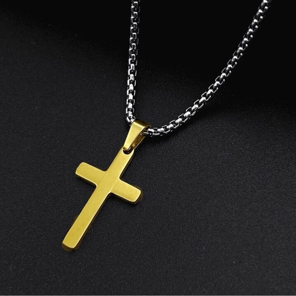 † Men’s Minimalist Unisex Silver/Gold Latin Stainless Steel Cross Necklace - Picture 2 of 5